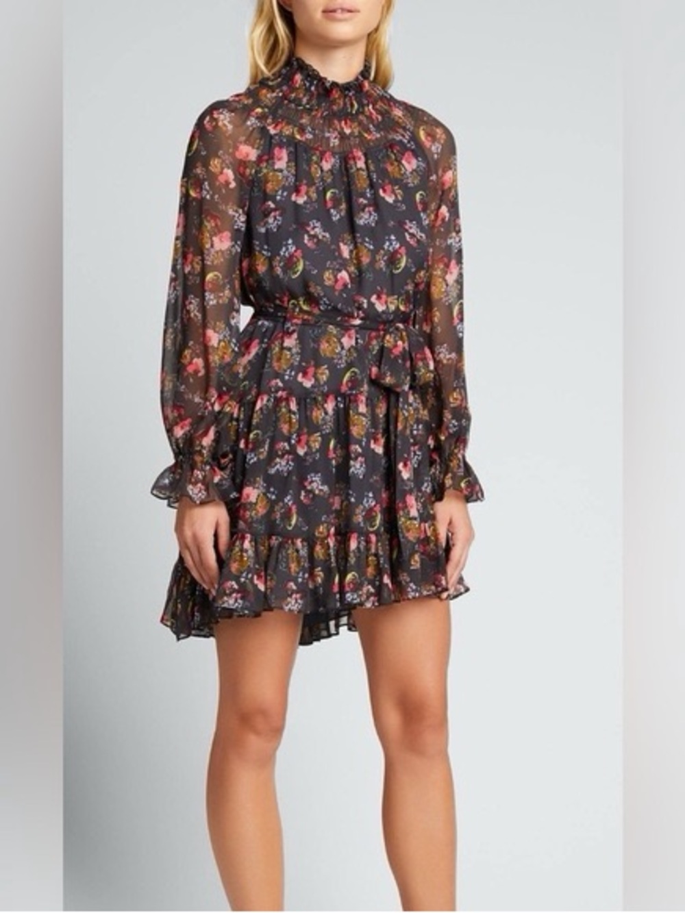 cinq a sept Black Floral Mini Dress with Pink & Olive Accents